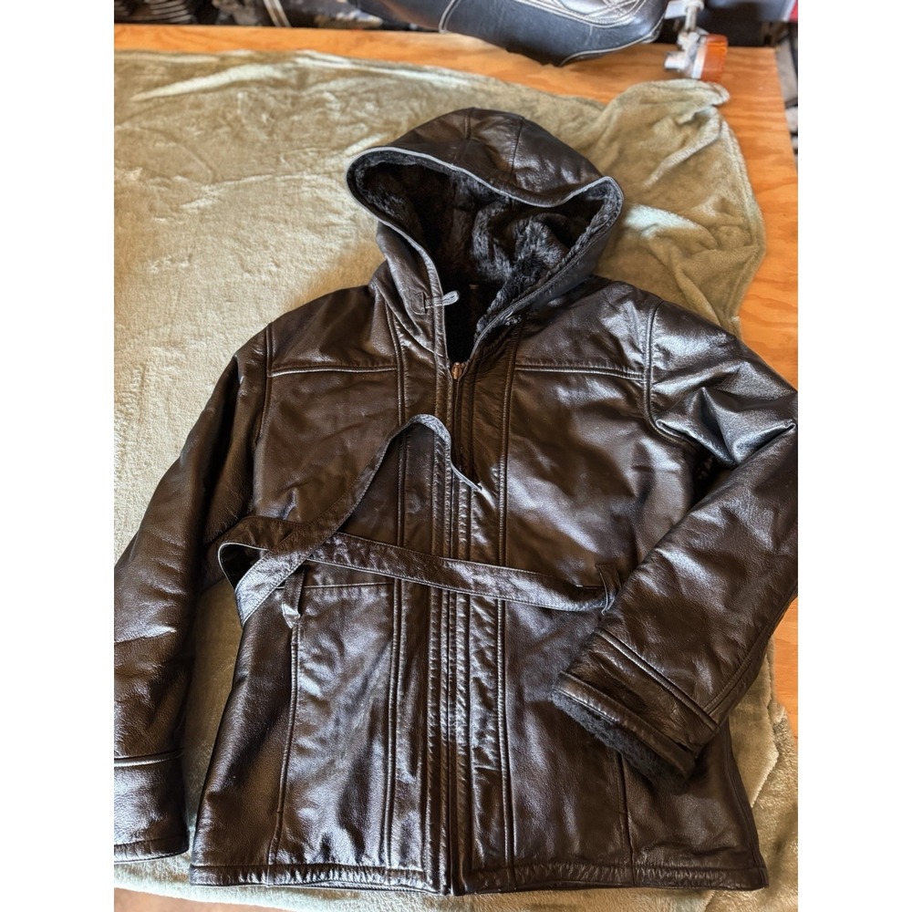 Wilson's Leather Belted Coat Jacket Faux Fur Lined Hooded Womens Size Large